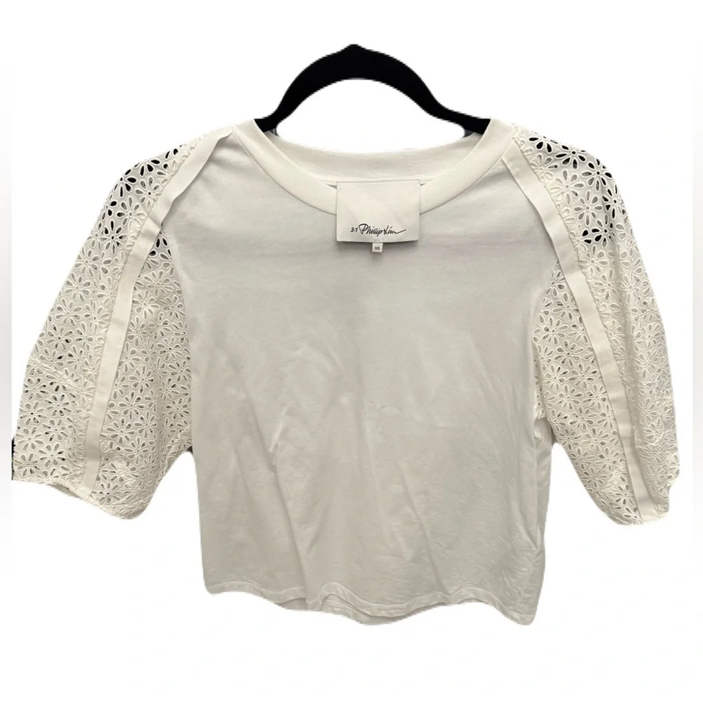 3.1 Phillip Lim White Broderie Anglaise Cotton Puff Sleeve Top Crewneck Xsmall - Picture 3 of 7